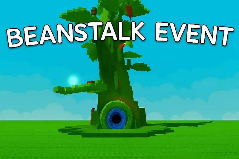 Players gather at the base of a colossal beanstalk; clouds above hint at Goliath's Goods in the sky.