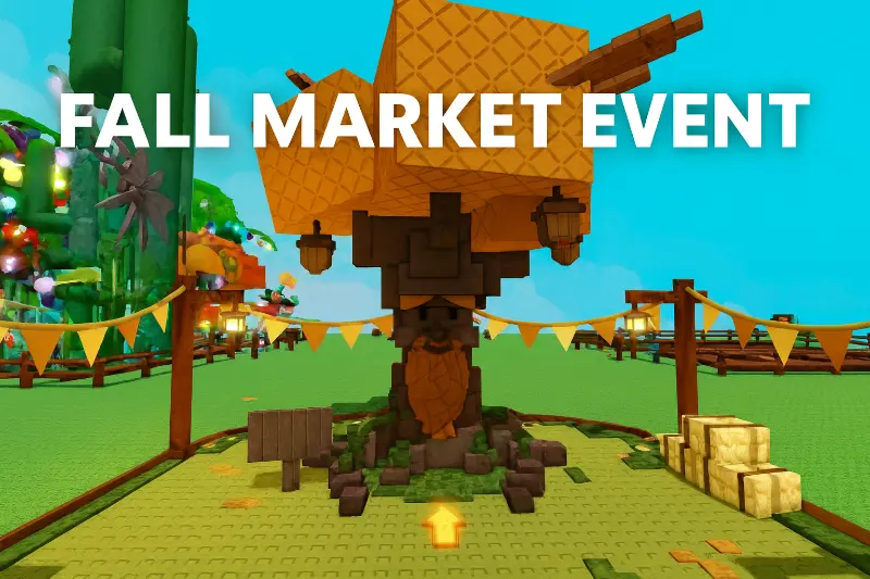 Fall Market Event in Grow a Garden showing autumn-themed shops, Fall Bloom mechanics, and rare items like Maple Resin and Maple Sprinkler.