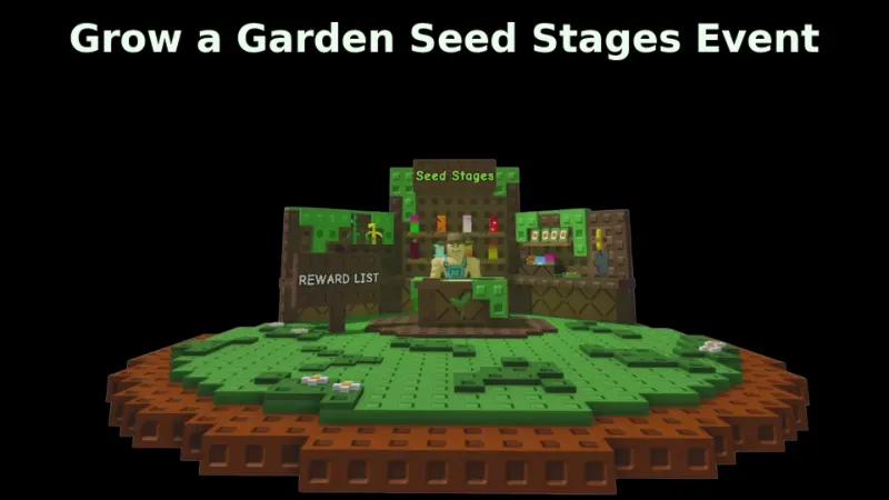 Seed Stages Event in Grow a Garden showing Evo seeds evolution, Season Pass progression, and Jungle Egg pets with multi-stage growth mechanics.